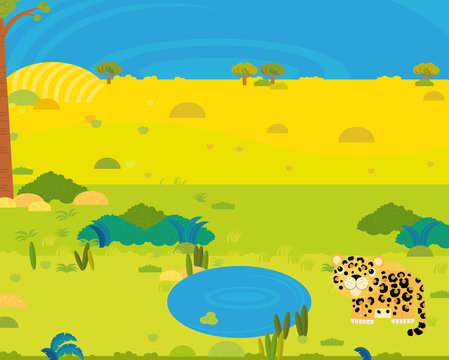 cartoon africa safari scene with cute wild animal by the pond illustration