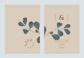 Minimalist foliage wedding invitation card template design, dark green bushwillows leaves on brown