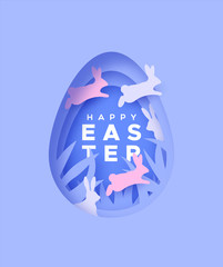 Happy easter paper cut card rabbit jumping in egg