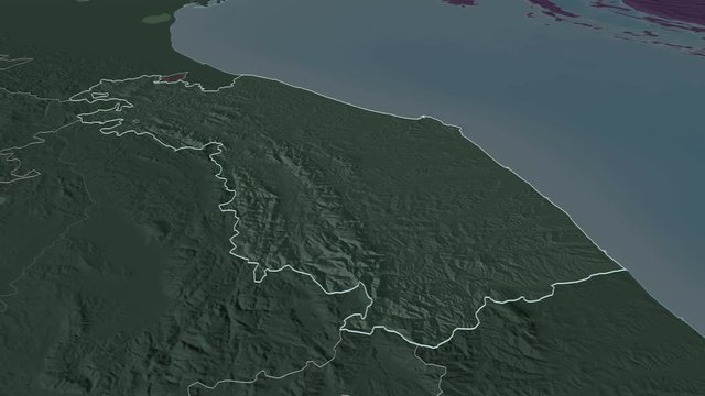 Marche, region with its capital, zoomed and extruded on the administrative map of Italy in the conformal Stereographic projection. Animation 3D