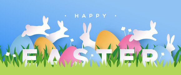 Happy easter paper cut card rabbit eggs in spring