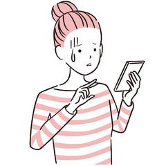 手描き1color  カジュアルな女性　スマホ操作に困った