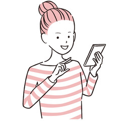 手描き1color  カジュアルな女性　笑顔でスマホ操作