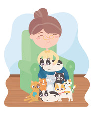 cats make me happy, old woman sitting with kittens in sofa