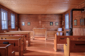 Interior view of Our Lady of Perpetual Help historic church in the Red Deer Valley at Dorothy, Alberta, Canada