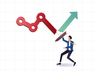 Stock market rebound, investment rising up or leadership to solve problem to success concept, businessman leader holding shield bouncing stock market graph to green rising up from plunging down red.