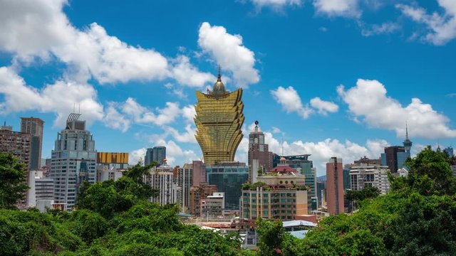 MACAU, CHINA - February 01 2020 : Timelapse Macau Peninsula city district with Casino buildings and Great Cathedral Parish reflected in China
