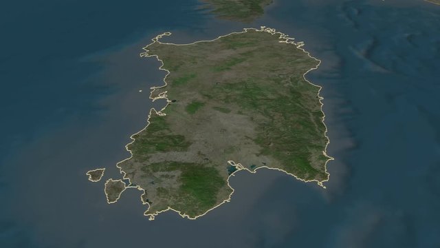 Sardegna, autonomous region with its capital, zoomed and extruded on the satellite map of Italy in the conformal Stereographic projection. Animation 3D