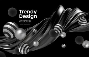 Abstract background with realistic blackand silver bubblesdynamic 3d spheres. Modern trendy banner or poster design. Vector illustration