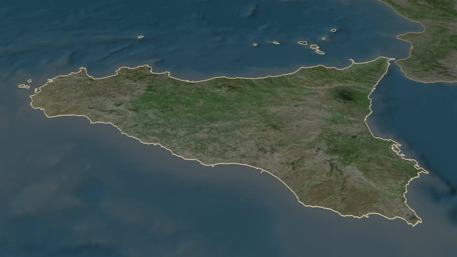 Sicily, autonomous region with its capital, zoomed and extruded on the satellite map of Italy in the conformal Stereographic projection. Animation 3D