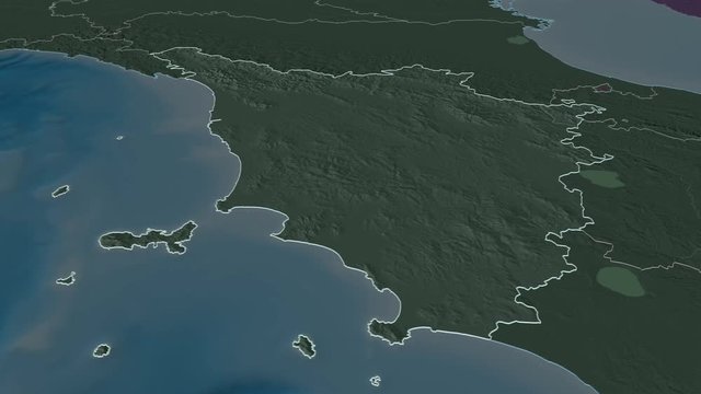 Toscana, region with its capital, zoomed and extruded on the administrative map of Italy in the conformal Stereographic projection. Animation 3D