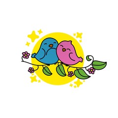 Illustration of Pink and Blue Birds are Dating, Cute Funny Character, Flat Design