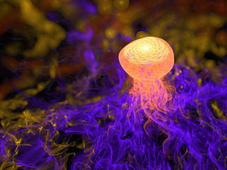 3D Illustration - Magic Mushroom, Purple Transparent Holographic Mushroom organic shape - Fantasy dream, science fiction, hallucination, hallucinogenic drugs, glowing transparent abstract artwork.