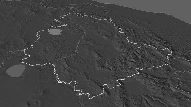 Umbria, region with its capital, zoomed and extruded on the bilevel map of Italy in the conformal Stereographic projection. Animation 3D