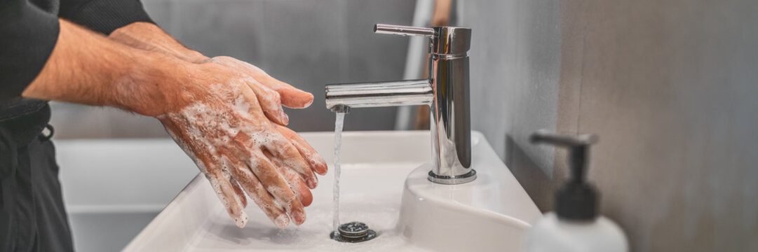 Corona virus travel prevention wash hands with soap and hot water. Hand hygiene for coronavirus outbreak. Protection by washing hands frequently concept panoramic banner header.