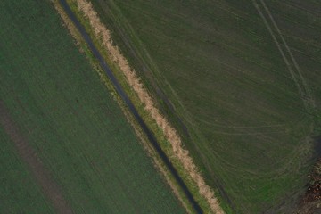 aerial view of an empty meadow with visible tracks from the tractor and a small hedge of reeds in...