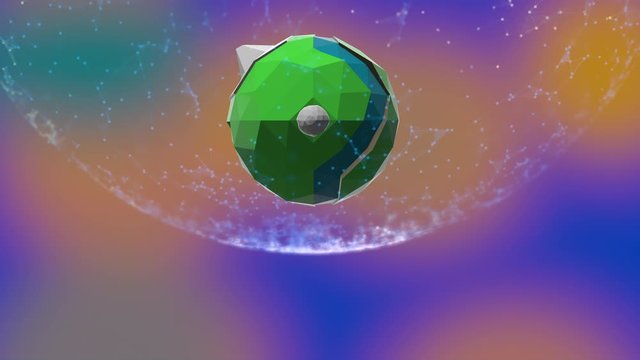 4K animation of abstract planet turning in magic dust fluctuating in wave circle or sphere over colorful background.