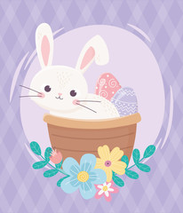 happy easter day, basket with rabbit eggs flowers foliage nature