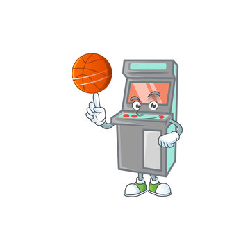a strong arcade game machine cartoon character with a basketball