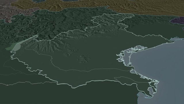 Veneto, region with its capital, zoomed and extruded on the administrative map of Italy in the conformal Stereographic projection. Animation 3D