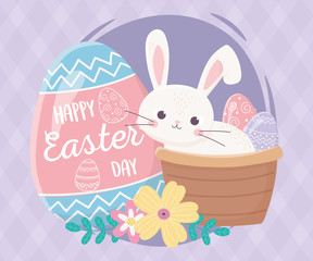 happy easter day, rabbit in basket lettering painted egg flowers decoration
