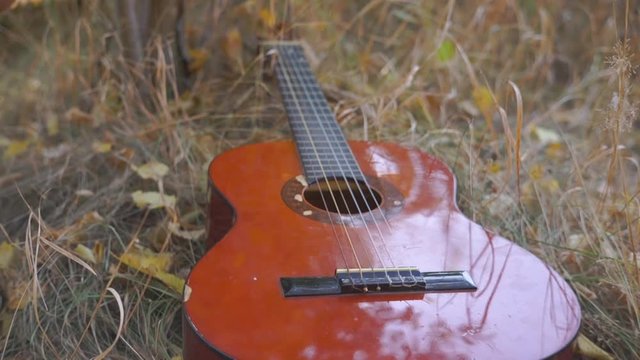 Artistic Picture of the Guitar in the Grass. Wooden acoustic guitar lying in the foreground in a green grassy field