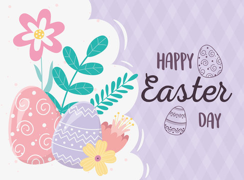 Happy Easter Day, Decorative Eggs Flowers Foliage Leaves Card