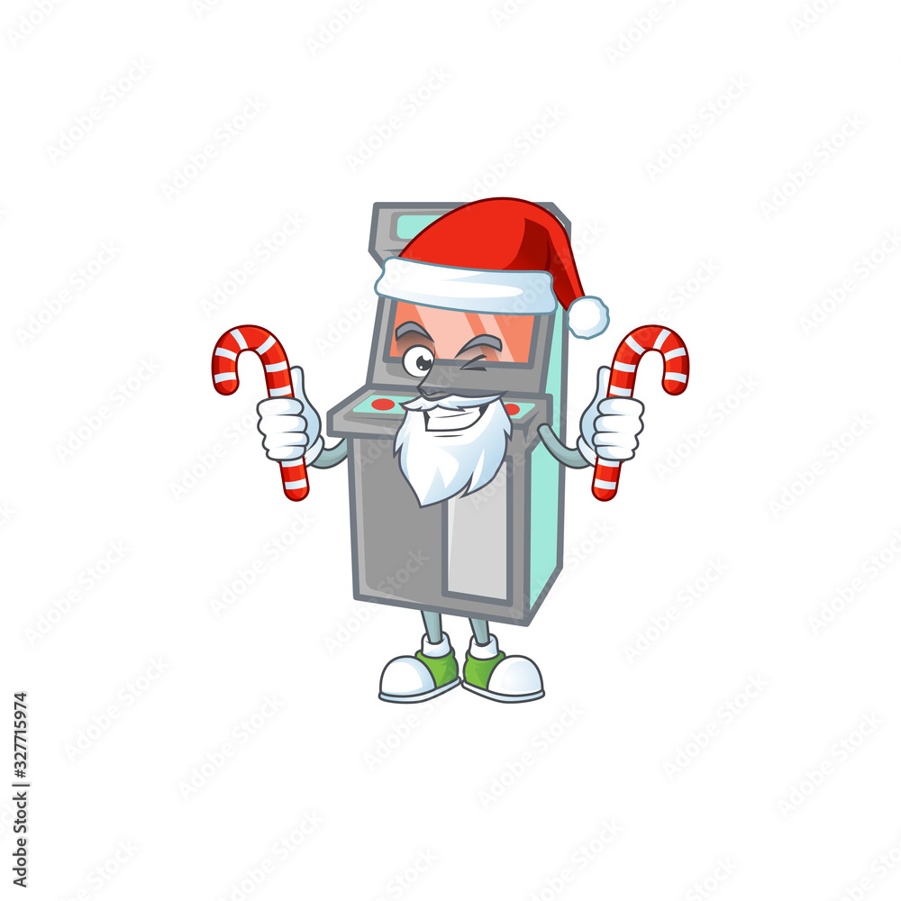 Wall mural cartoon mascot style of arcade game machine in Santa costume with candy