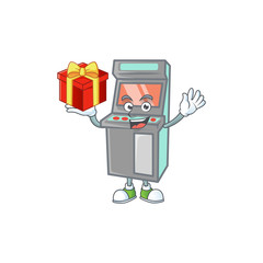 cartoon character of arcade game machine with a box of gift
