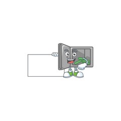 Cute funny security box open cartoon character having a board