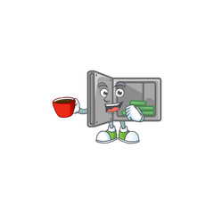 Cool security box open cartoon character with a cup of coffee