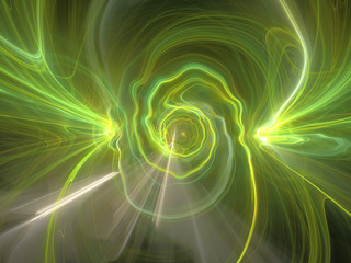 Abstract Green Spiral Background Image, Illustration - Infinite repeating spiral, color vortex. Recursive symmetrical patterns of colorful warped shapes, burst of brilliant light