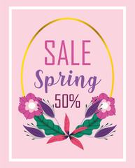 spring sale, season shop offer flowers badge decoration