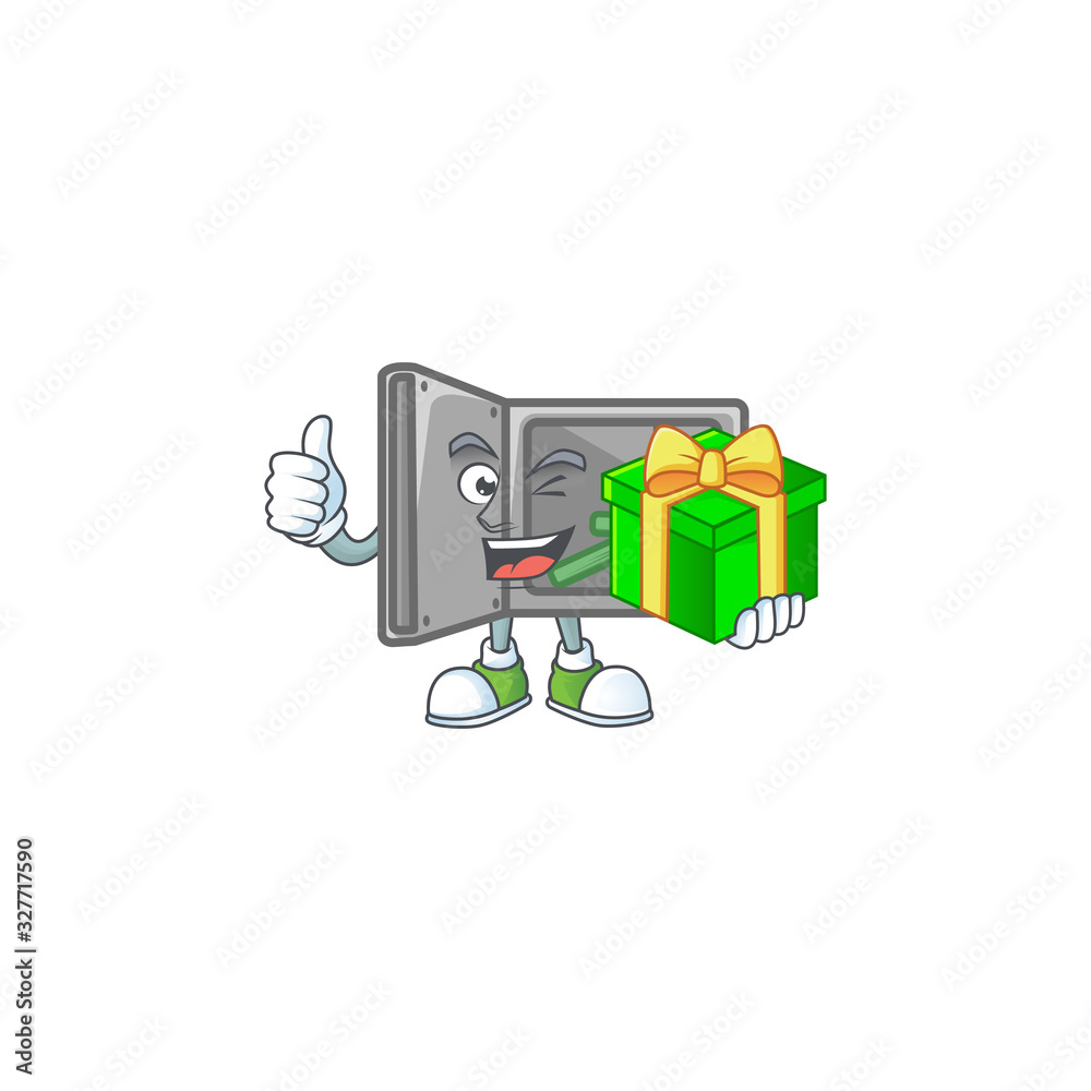 Sticker cute security box open character holding a gift box