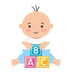 cute little baby boy with cubes toy vector illustration design