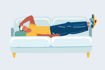 Man have headache lay with headache on sofa on white background