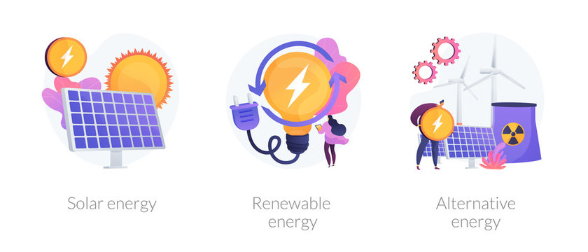 Eco friendly innovations, sustainable technology, solar panels and wind turbines use. Solar energy, renewable energy, alternative energy metaphors. Vector isolated concept metaphor illustrations