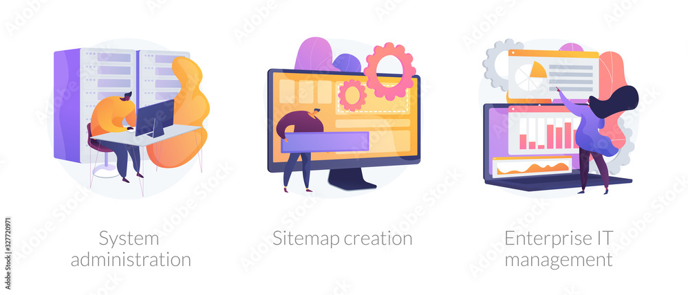 Poster server maintenance, web design development, business organization icons set. system administration, 