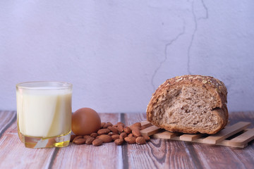 Close up of fresh dairy product for morning breakfast on table 