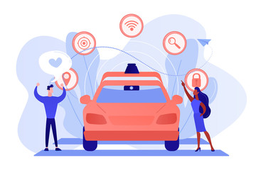 Obraz premium Businessman likes autonomous driverless car with smart technology icons. Autonomous driving, self-driving car, future transport system concept. Pinkish coral bluevector isolated illustration