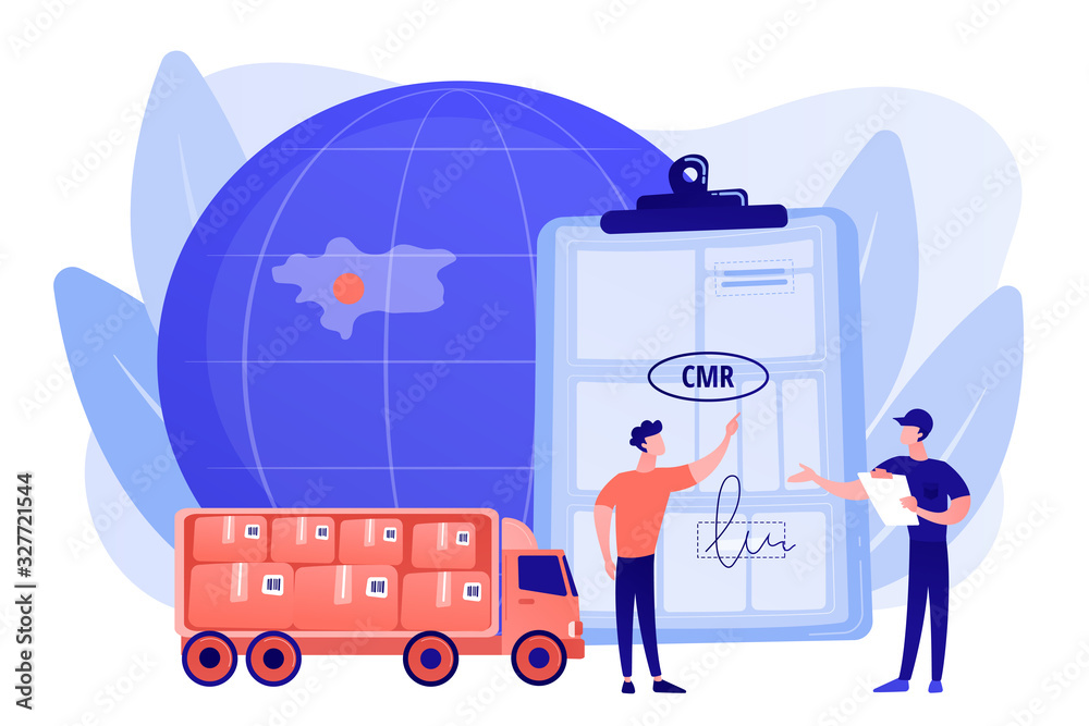 Sticker Worldwide logistics and distribution contract. Road transport documents, CMR transport document, international transportation regulation concept. Pinkish coral bluevector isolated illustration