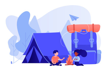 Fototapeta premium Tiny people kids sitting at campfire and roasting marshmallow near tent and huge backpack. Summer camp, sleepaway camp, kids vacation time concept. Pinkish coral bluevector isolated illustration