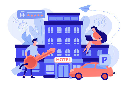 Business people at hotel use all included services, lodgings and wifi. All-inclusive hotel, luxury hospitality resort, all included service concept. Pinkish coral bluevector isolated illustration