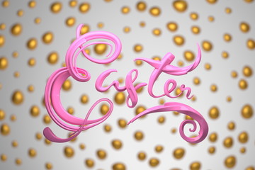 Happy Easter background with lettering decorated by golden eggs. Invitation realistic 3d illustration greeting card, ad, promotion, poster, flyer, web-banner, article, social media