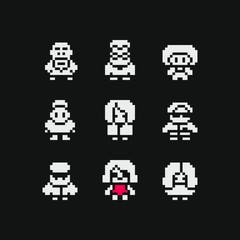 Abstract cute people male and female characters pixel art icons set, design for logo, sticker, stamp, web, mobile app, isolated vector illustration. Game assets 1-bit sprite. 