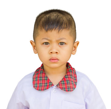 close up portrait of Asia child with a serious or solemn,isolated on white background
