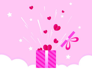 Surprise gift box on pastel pink background for Valentine's day, love season. Open gift box with ribbon, red heart, stars, cloud. Romantic surprise in a box. Vector illustration. flat design
