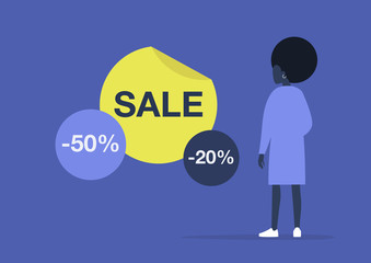 Sale stickers, young black female character considering a special offer, marketing campaign