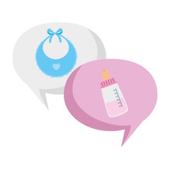 baby bottle milk with bib in speech bubbles vector illustration design