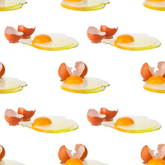 Seamless pattern of broken brown eggs on white background isolated, repeating ornament cracked eggshell halves, raw egg, yellow yolk, Easter banner, creative poster, art food wallpaper, trendy print
